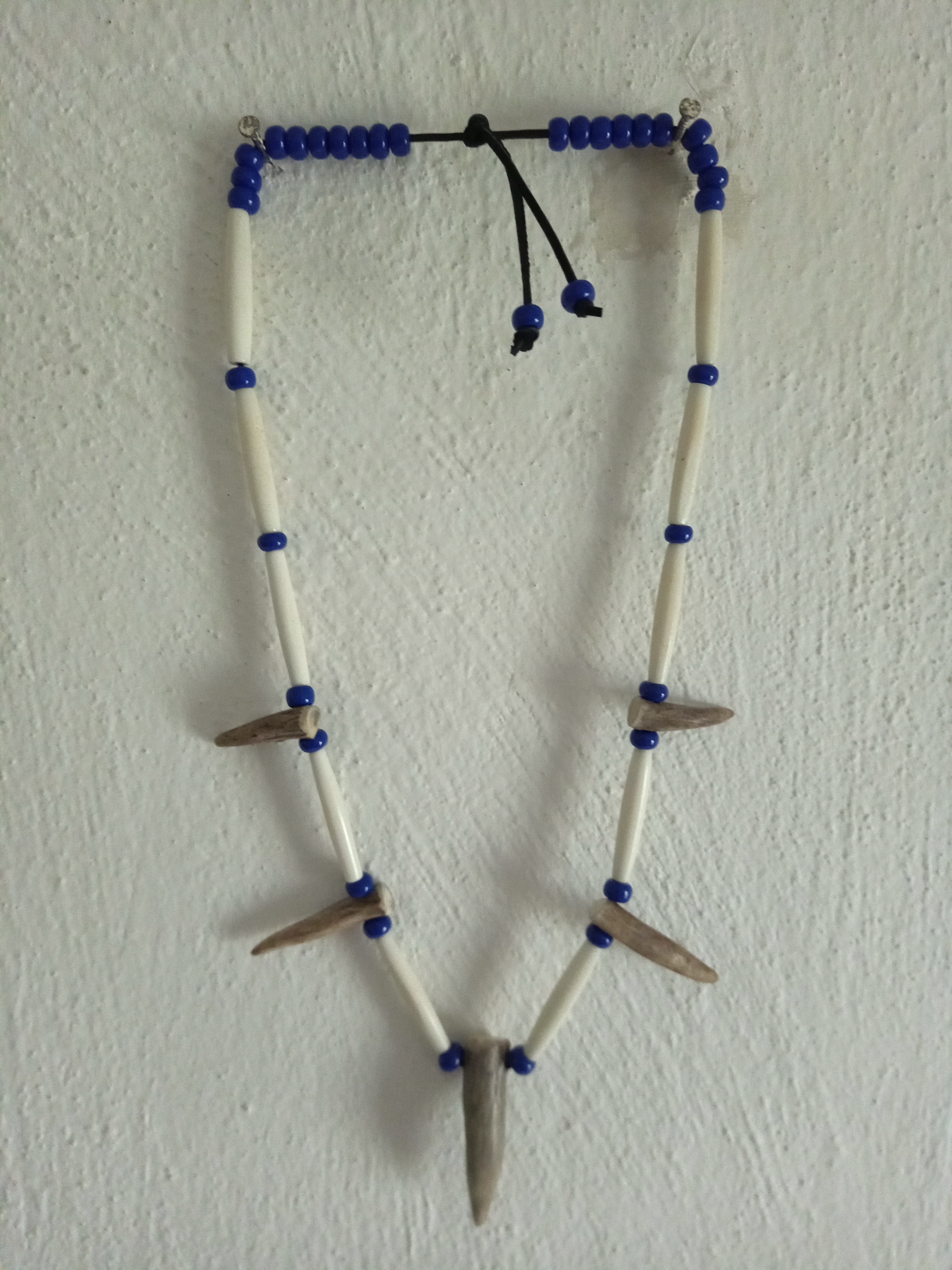 amulet na krk náhrdelník, kostice, tmavě modrý rokajl,srnčí parůžky